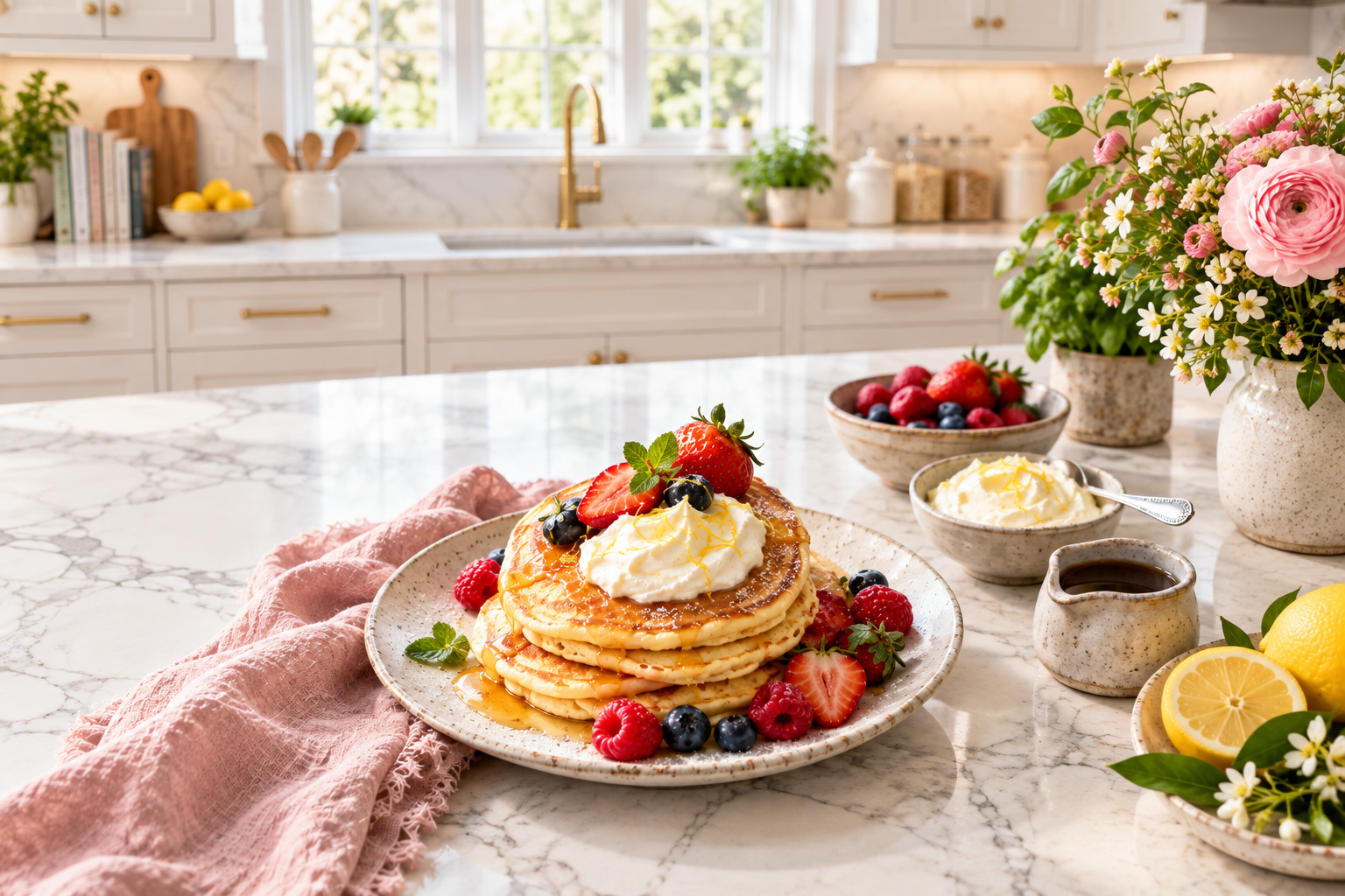 Spring brunch table with pancakes and berries